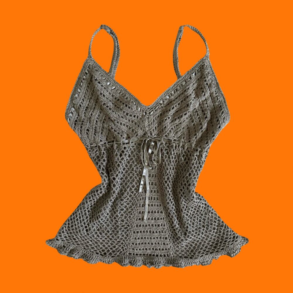 00's vintage olive green crochet silk coquette boho cami y2k babydoll tank top M